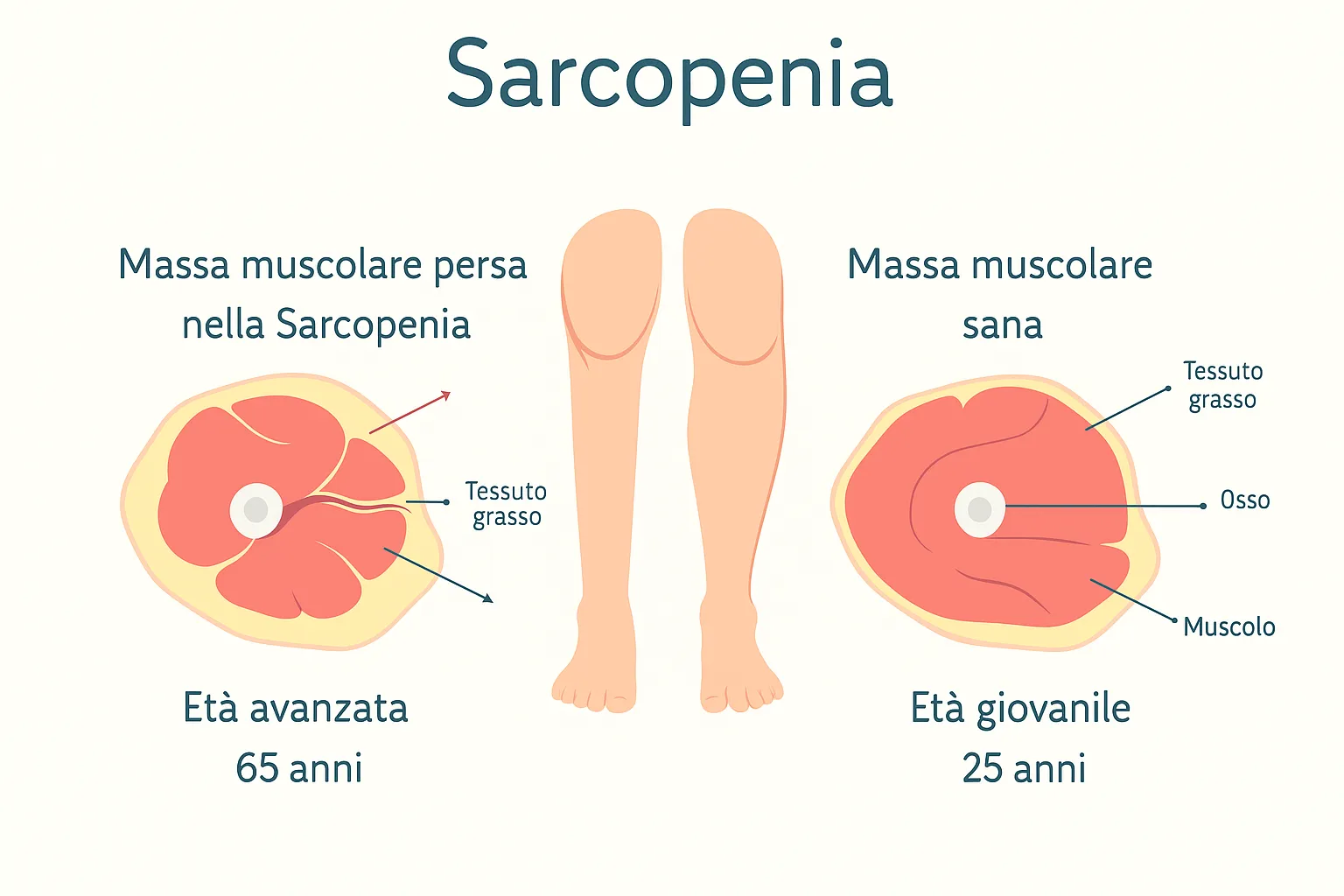 Infografica sulla sarcopenia: confronto tra sezione trasversale del muscolo della coscia in età avanzata (65 anni) con perdita di massa e aumento di tessuto grasso, e in età giovanile (25 anni) con massa muscolare sana.